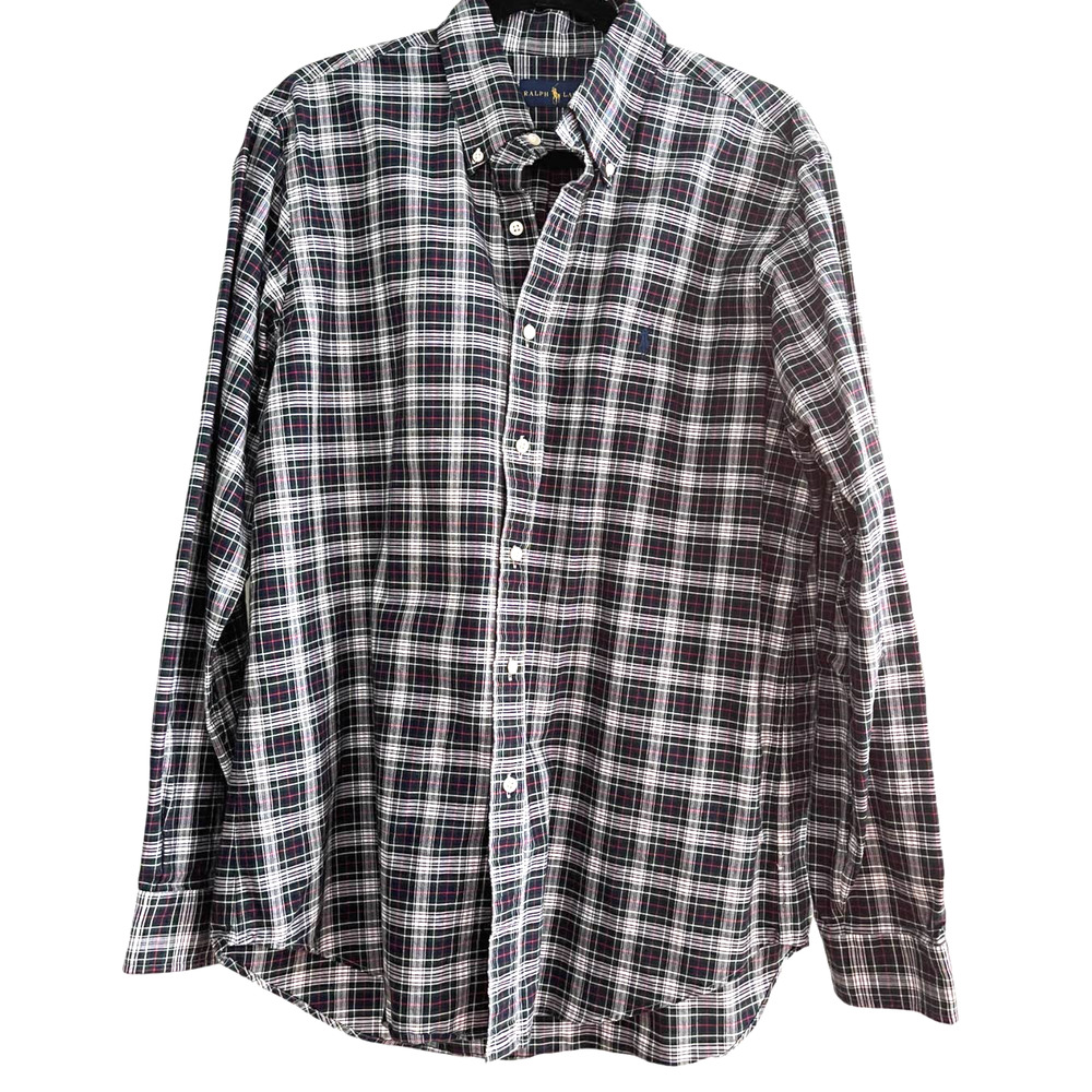 Ralph Lauren Mens' Red White Blue Plaid Polo Button Down Long Sleeve Shirt EUC L